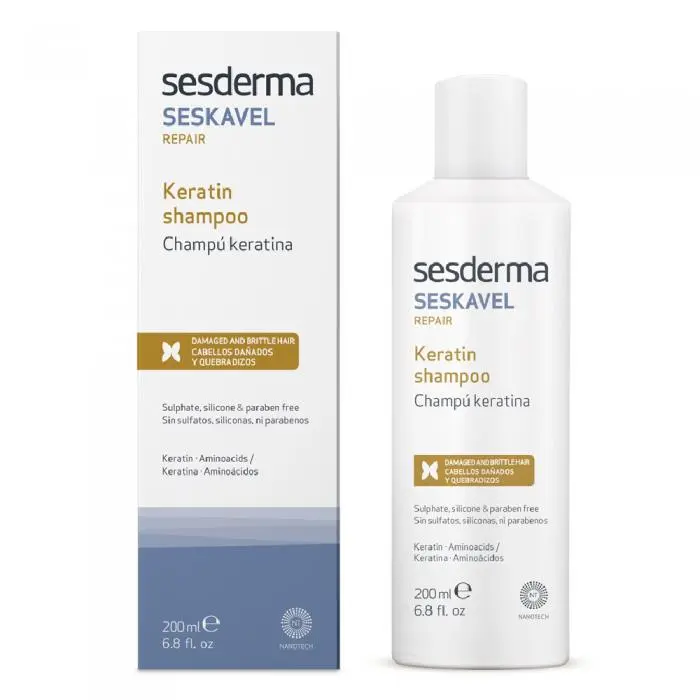 Шампунь з кератином для відновлення сухого, ламкого та пофарбованого волосся, Sesderma Seskavel Repair Keratin Shampooo